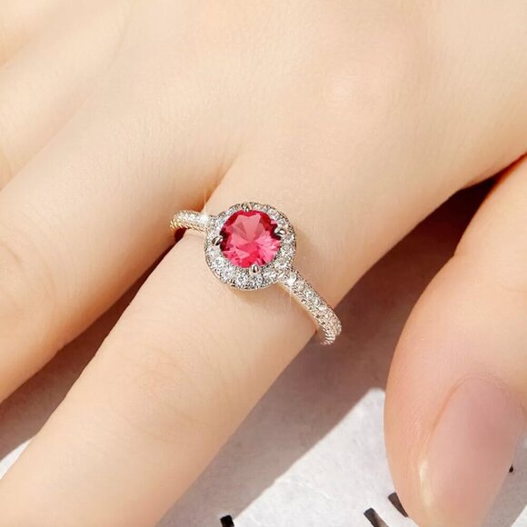 NEW 14k White Gold Ruby Diamond Ring Halo Round Cut - Picture 6 of 8
